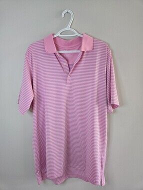 Men's pink + blue striped golf polo shirt, breathable, size large + new
